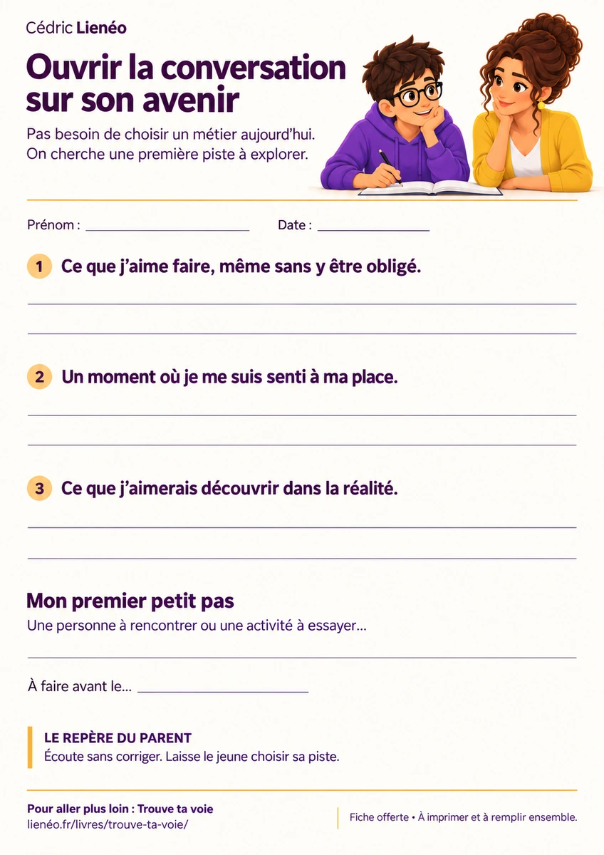 La vraie fiche de conversation sur son avenir, illustrée avec les personnages Lienéo
